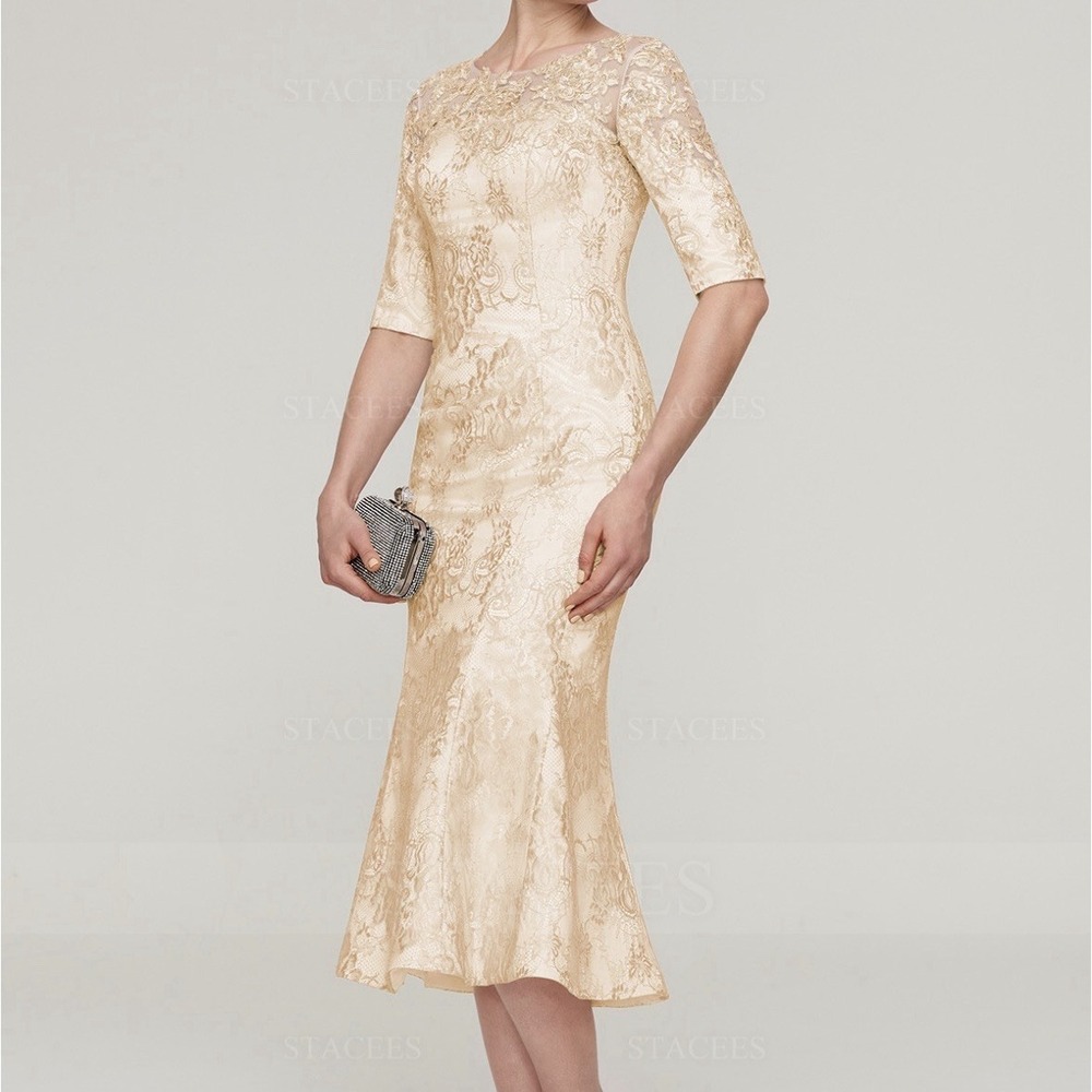 New Stacees Sheath Column Bateau Half Sleeve Tea Length Laced Dress Bride Formal